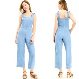 Loft Ruffle Strap Square Neck Wide‎ Leg Chambray Jumpsuit Size Large